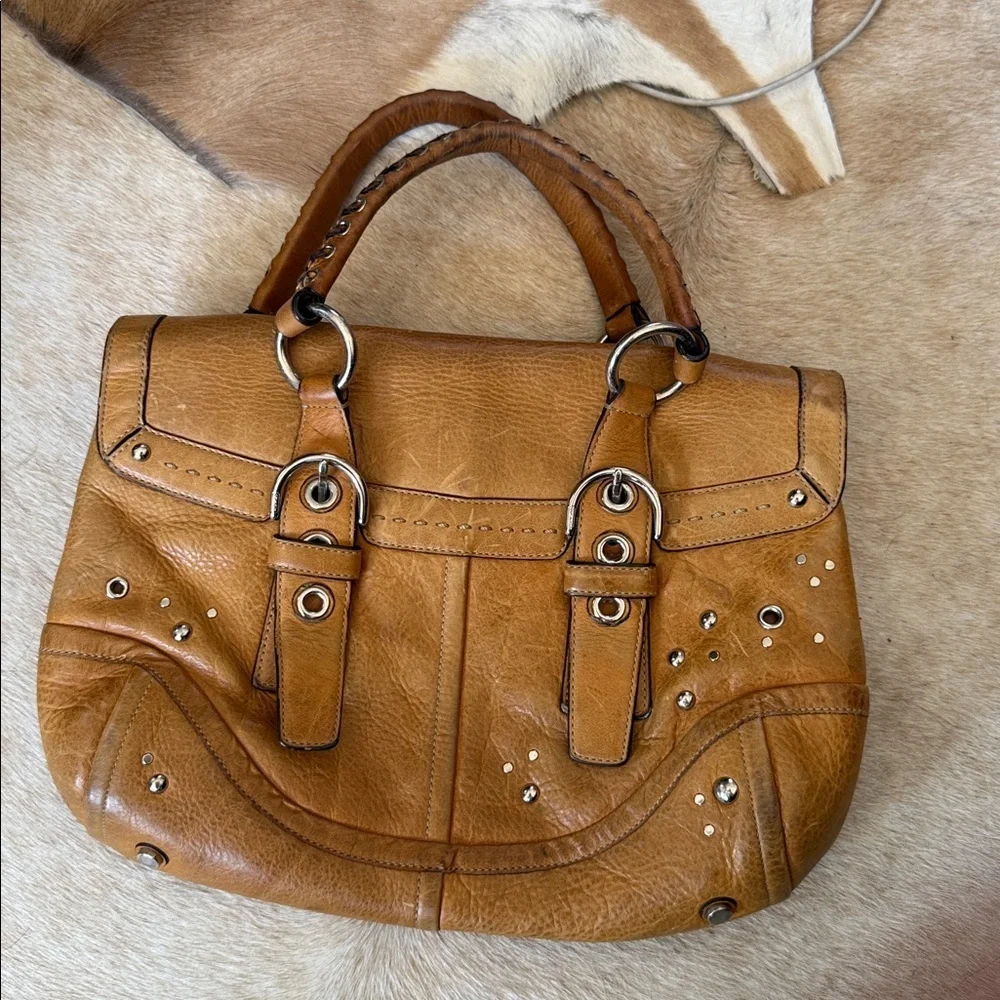 vintage Y2K Coach Hampton satchel in a tan color leather silver studs braided